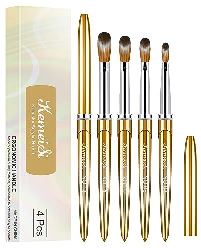 KEMEISI Acrylic Nail Brush Set, Four-Sized Kolinsky Nail Art Brushes, Sturdy Handle Oval Shaped Acrylic Powder Design Tools for Professional Manicury DIY Home