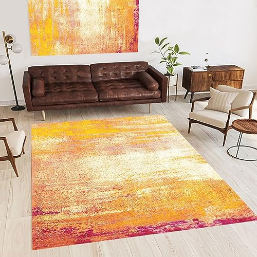 Rug-QJDDUP Tapis,Fuchsia, Rose, Jaune, Orange, Blanc, Motif Abstrait, Tapis de Salon, Chambre d'enfant, Chambre à Coucher, Bureau, Couloir et Cuisine, Red Yellow,140 x 180 cm