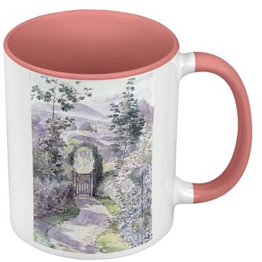 Beatrice Potter Beatrice Potter-Becher, hochwertig, Rosa – Blumengarten Aquarell – Tasse mit Henkel und farbigem Innenraum