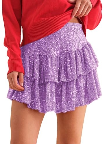 Pailletten Rock mit Shorts, Plissee A Linien Mini Pailletten Rock Glänzender Minirock Dehnbar Faltenrock Partykleid Cocktailkleid Tanzkleid für Damen Mädchen Karneval Cosplay Performance Kostüm