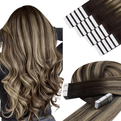 YoungSee Balayage Tape in Hair Extensions Real Human Hair, Balayage Tape Extensions Human Hair, Dark Brown Ombre Blonde with Brown, Soft Hair, 22 Inch 20pcs 50g