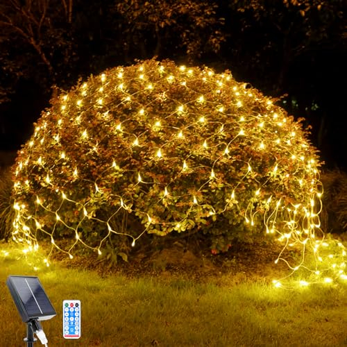 WoskjXas Lichternetz Solarleuchten Außen, 96 LEDs, 1,5 x 1,5 M Lichterkette Netz mit 8 Modi, Wasserdichte Baum Lichterkette, Design für Garten, Balkon, Zaun und Weihnachtsdeko (1.5M*1.5M, Warmweiß)