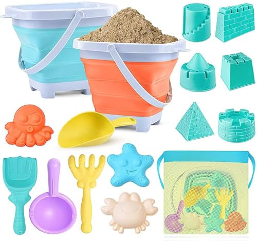 YZNlife Beach Sand Toys Kids Toddlers,16 PCS Sand Pit Toys with Collapsible Bucket and Spade Beach Set Kids Toddler Beach Toys