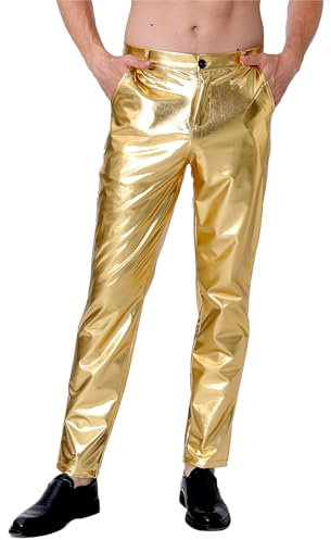 COSAVOROCK Mens Metallic Leather Trousers 70s Disco Fancy Dress Pants, Gold, 38W