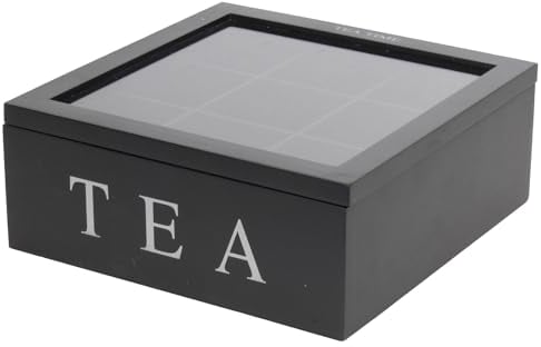 Teebox aus Holz, Teekasten in der Farbe Schwarz, Teekiste mit 9 Fächern, große Teebeutelbox