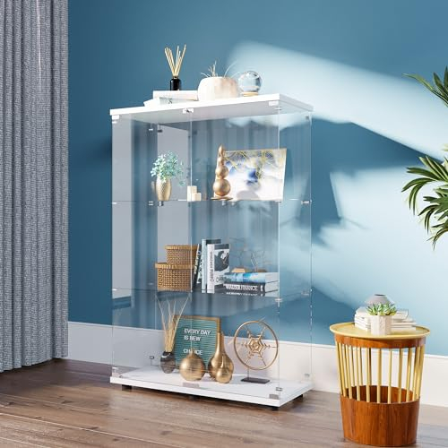 FANYUSHOW Glasvitrine Standvitrine in Weiß, Modern Glas Holz Vitrine Sammlervitrine Vitrinenschrank mit 3 Böden für Sammlerstücke Bücher Wein, für Büro Wohnzimmer Küche, 125 x 79 x 36.5 cm