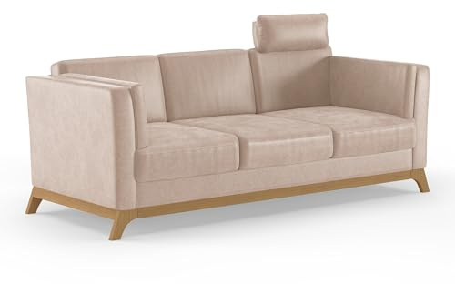 Cavadore 3er-Sofa Vida / 3-Sitzer Couch im trendigen Design mit massivem Holzrahmen in Eiche, Kopfstütze mit Kuschelkissen / 213 x 84 x 93 / Mikrofaser, Beige