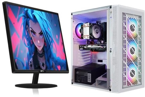 STGsivir White Gaming PC Bundle, Gaming Desktop Computer, 24 Monitor, Ryzen 3 3200G 3.6GHz, 16GB DDR4 RAM, 1TB SSD, 600M WiFi, BT 5.0, White RGB Gaming Case, Windows 11