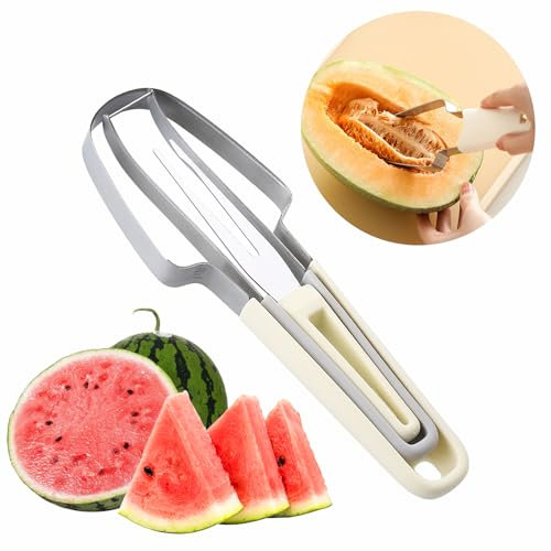 NEWHE Cortador de sandía 3 en 1, cortador de sandía, cortador de sandía, cortador de tenedor de sandía, tenedor de sandía, tenedor de sandía para utensilios de cocina de camping (beige)