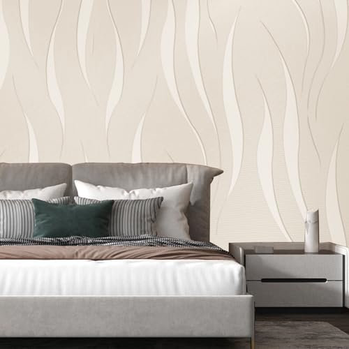 Anttyscar 3D Beige White Glitter Wallpaper Embossed Wallpaper Wave Stripes Roll Feature Modern Geometric Patterned for Adults Kids Bedroom Living Room Hallway Stairs Lounge