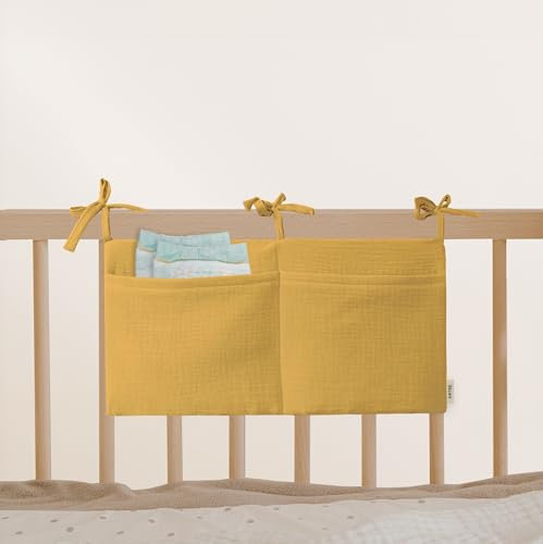 Babybett Aufbewahrungstasche aus 100% Baumwolle Musselin, für das Beistellbett, Babybett, Kinderbett. Ideal zum Verstauen von Windeln, Schnullern (Yellow)