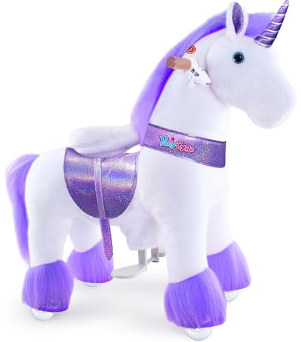 PonyCycle Ufficiale Classico Modello U Unicorno Cavalcabile Per Bambini Cavallo Peluche Grande Unicorno a Dondolo con Ruota (con Freno e Suono/Altezza 76 cm/Taglia 3 per età 3-4) Unicorno Viola Ux306