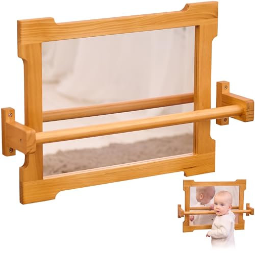Montessori Spiegel mit Stange für Kleinkinder | Baby Spiegel Montessori zum Hochziehen & Laufenlernen | Montessori Spiegel mit Griff | Holzstange zur Förderung der Motorik | Kinderzimmer Klassenzimmer