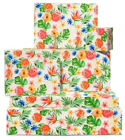 Floral Wrapping Paper - 6 Sheets Of Gift Wrap For Women - Tropical Flowers And Monstera - Summer Beach Holiday - Comes With Stickers - Recyclable - By Central 23