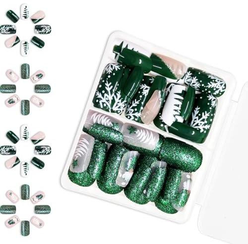 48 Pcs Short Square False Nails Christmas Press On Green Full Covers Stick On Nails Artificial For Winter