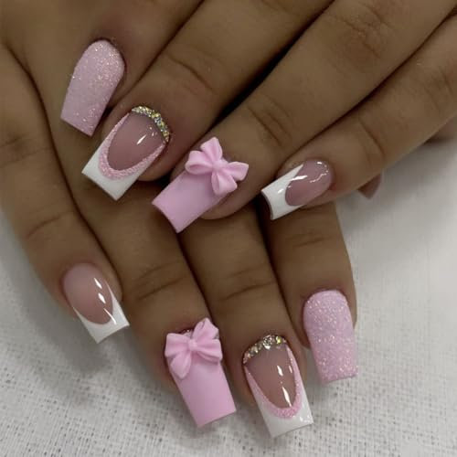 24pcs Square False Nails - Pink Press On Nails With 3D Bow - Pink White French Tip False Nails With Rhinestone - Glossy Full Cover Glitter Bow Stick On Nails For Women Nail Decoration