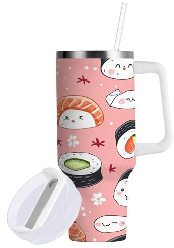 Sevdomey 30 ozCute Sushi Tumbler with Handle and Straw Lid for Water Iced Tea or Coffee, Stainless Steel Insulated Leak-Proof Travel Coffee Mug Cup Gifts