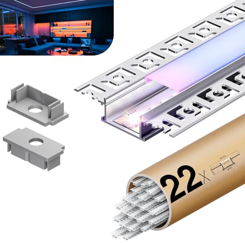 KOSOOM 22 x LED Trockenbauprofil 2m, U-förmiges LED Unterputzprofil Flächenbündiges für Led Streifen bis 20mm, Inkl. Abdeckung und Endkappen, Aluprofil für Decke Wand indirekte Beleuchtung