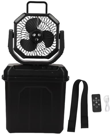 NOENNULL Ventilador Nebulizador Portátil con Cubo de 6L, Luz LED, Control Remoto, Recargable por USB, 4 Velocidades, Movimiento Automático del Cabezal, Color Negro