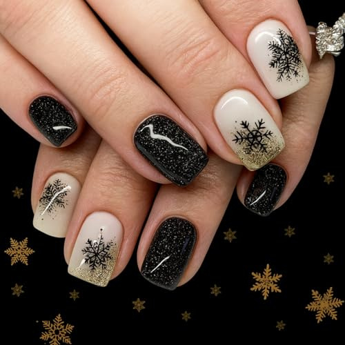 24Pcs Black Christmas Press on Nails - Black Glitter Fake Nails,Strong Glue Stick on Nails with White Snowflake Design - Reusable, Durable Acrylic Nails Suitable for Daily Use or Festivals