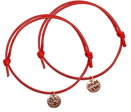 akai ito Braccialetti Filo Rosso del Destino Giapponese, coppia di braccialetti artigianali in cotone cerato rosso con pendente in oro rosa, Unisex Adulto