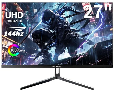 CRUA 27 Inch 4K Gaming Monitor,UHD(3840x2160) 4K 144Hz Flat Monitor, Adaptive Sync,HDMI 2.1 & DP 1.4,Tilt Adjustment PC Monitor, Wall Mountable, for Work, Streaming, and Home Office, Black