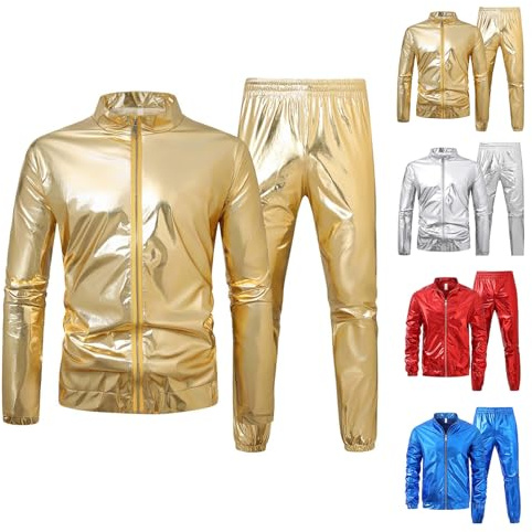 Generisch 80er 90er Jahre Outfit Herren Glänzend Party Disco Karneval Kostüm Silvester Jogginganzug Fasching Trainingsanzug Tracksuit Jacke Und Jogginghose Einfarbig Sportanzug Freizeitanzug Gold 5XL
