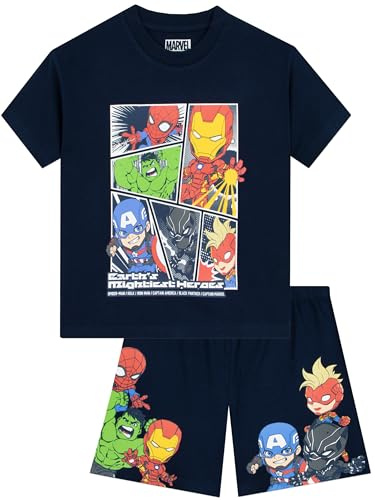 Marvel Pyjama Enfant Garçon, Avengers Pyjama avec Hulk, Iron Man, Captain America Et Spiderman, PJ Court Été Kids