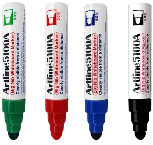 Artline 4er-Pack Whiteboard-Stifte (schwarz, rot, blau, grün) mit 5-mm-Rundspitze. Abwischbarer Whiteboard-Marker für Schule oder Büro. Original White-Board-Stifte