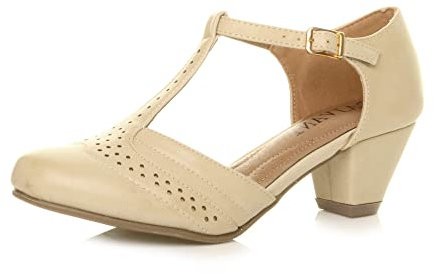 Ajvani Womens Ladies mid Block Heel t-bar Cut Out Buckle Brogue Shoes Sandals , Beige Nude Matte, 3 UK