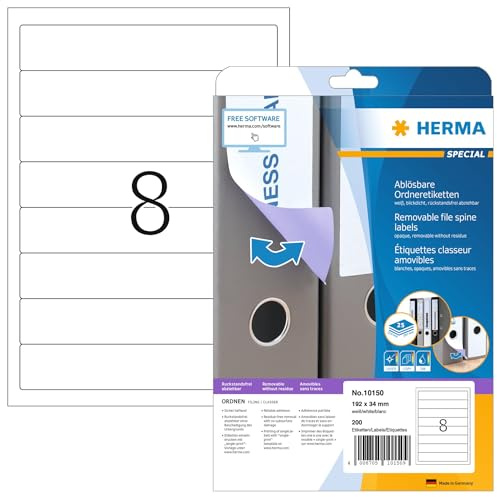 HERMA 10150 Ordnerrücken Etiketten ablösbar kurz schmal, 800 Blatt, 192 x 34 mm, 8 pro A4 Bogen, 6400 Stück, selbstklebend, bedruckbar, blickdicht, Papier Ordneretiketten Rückenschilder Aufkleber weiß