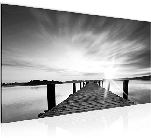 Runa Art Wandbild Brücke zum See 1 Teilig 100 x 40 cm Modern Bild auf Vlies Leinwand Horizont Wohnzimmer Schlafzimmer Schwarz Weiss 606912c