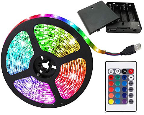 aijiaer Battery Powered Led Strip Lights, 5050 2M/6.6FT, Waterproof Flexible Color Changing RGB LED Light Strip, 60 LEDs 5V Battery-powered with RF Controller
