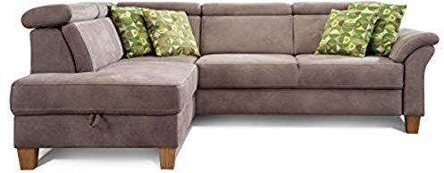 Cavadore Schlafsofa Ammerland mit Ottomane links / Federkern-Sofa im Landhausstil mit verstellbaren Kopfstützen, Bett und Bettkasten / 245 x 84 x 194 / Lederoptik hellbraun