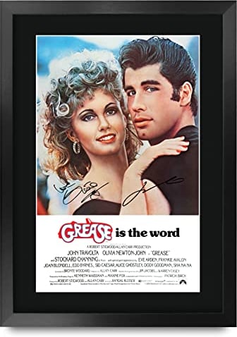 HWC Trading Grease A3 Gerahmte Signiert Gedruckt Autogramme Bild Druck-Fotoanzeige Geschenk Für Olivia Newton John John Travolta Filmfans