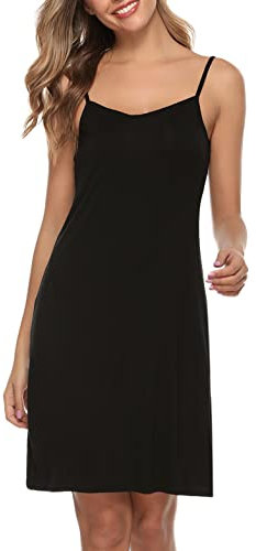 Vlazom Damen Unterkleid mit Trägern Unterröcke Sexy Negligee Full Slip Miederkleider Nachthemd Nachtwäsche(L,Stil A-Schwarz)