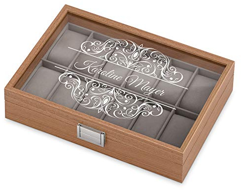 Maverton Holz Uhrenbox mit Gravur für 12 Uhren, Jewelkeeper Hellbraun | Uhrenkasten Aufbewahrungsbox mit herausnehmbaren Uhrenkissen, Schmuckbox zum Geburtstag für Frauen