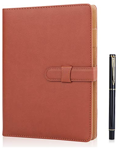 Minlna A5 Leder Notizbuch,Wiederbefüllbares Hardcover Notizbuch, 200 Seiten | Liniertes Notizbuch mit Tasche & Stifthalter, durchschlagsicheres 100gsm Papier für Männer, Frauen, Business, Büro(Braun)