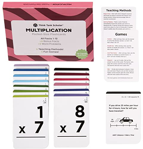 Think Tank Scholar Multiplication Flash Cards (150 Facts) Times Tables Flashcards - All Facts 1-12 for Kids in 3rd, 4th, 5th, 6th Grade - 6 Math Games & Teaching Methods for Classroom/Homeschool