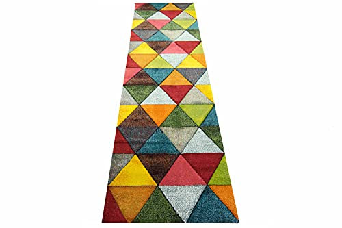 CARPETIA Abstrakter Wohnzimmer Teppich mit modernem bunten Dreiecksmuster Design orange grün rot - pflegeleicht Größe 80 x 300 cm