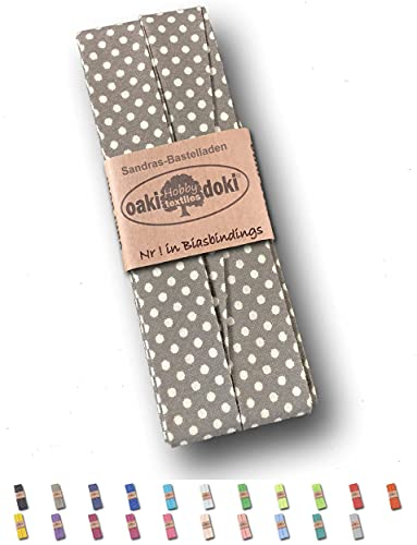 Sandras-Bastelladen Schrägband/Einfassband Baumwolle gefalzt 3m x 20mm - Punkte Muster 1002-Grau-Weiß