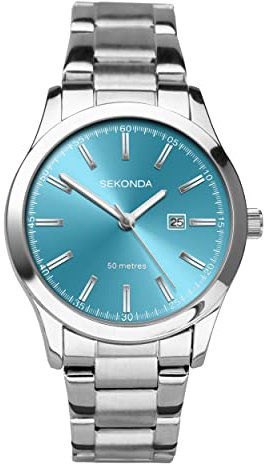 Sekonda Damen Quarzwerk Armbanduhr, 43.00mm GehäusegröÃŸe mit blau analog Zifferblatt und Silber Metall Armband 40365