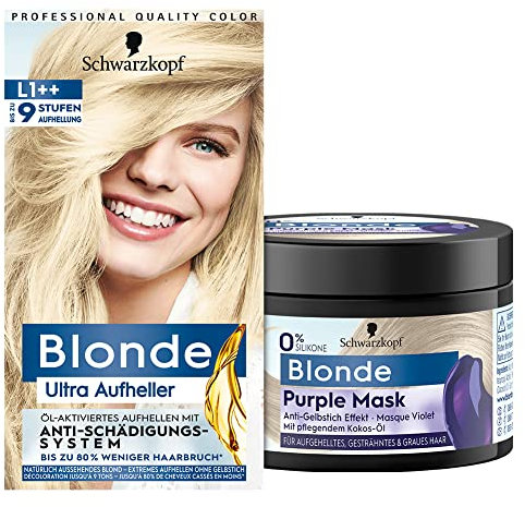 Blonde Purple Mask 6,Purple Mask mit Anti-Gelbstich Effekt, neutralisiert Gelbtöne und pflegt + Aufheller L1++,Haarfärbemittel für Öl-aktiviertes Haare Aufhellen mit Anti-Schädigungs-System