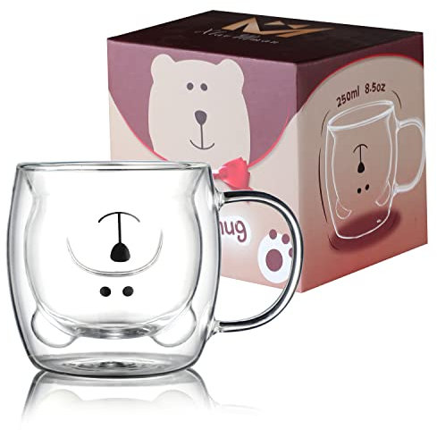 Tazze a doppia parete in vetro con orso da 241 g, isolate trasparenti e con manico, adorabili tazze da caffè in vetro per San Valentino e compleanno