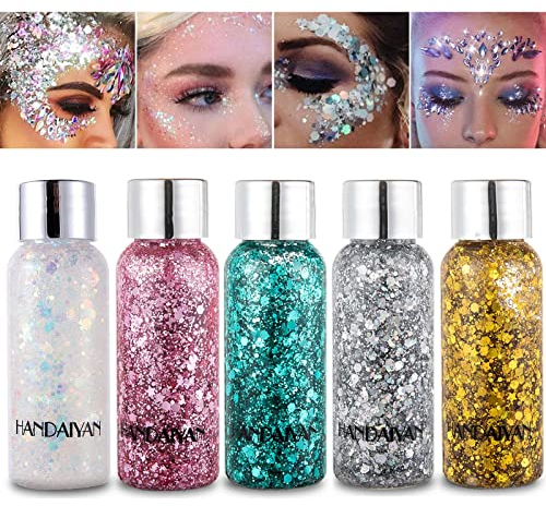 Prreal Body Glitter Gel, 5 Bottle Mermaid Sequins Chunky Glitter Liquid Gel kit, Long-Lasting Glitter Sequins Chunky Powder Gel for Festival Masquerade Birthday Makeup#White+Gold+Silver+pink+Green