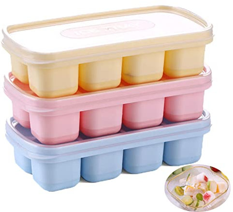 Ice Cube Trays 3PCS Reusable Silicone Ice Moulds with Removeable Lids BPA Free Summer Silicone Ice Molds for Whiskey Cocktails Water Drink Beer Freezer Home Kitchen Tools(Pink Blue Yellow)
