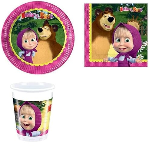 coiso Masha e Orso Coordinato ADDOBBI TAVOLA Festa A TEMA PER 32 Ospiti KIT(32 PIATTI,32 BICCHIERI,40 TOVAGLIOLI)