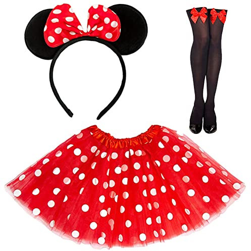 DreamJing Minnie Mouse Costume for Women Girls Adult include Polka Dots Tutu Dress Mouse Ears Hair Hoop and Long Stockings, Halloween Xmas Carnival Cosplay Princess Fancy Dress Up, Red, M