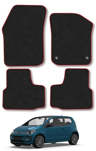 VW Up! (2012-2023) Carpet Car Mats | Red Edge Trim Tailored Fit Floor Mats Full Coverage Protection Accessories Easy Clean Anti Slip Made in the UK