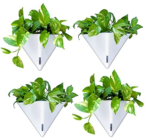 LaLaGreen - Macetas de pared para plantas de interior, paquete de 4, 12 pulgadas, grande, con autorriego, geométrico, blanco, jarrón colgante con colgador de metal, moderno y elegante soporte para